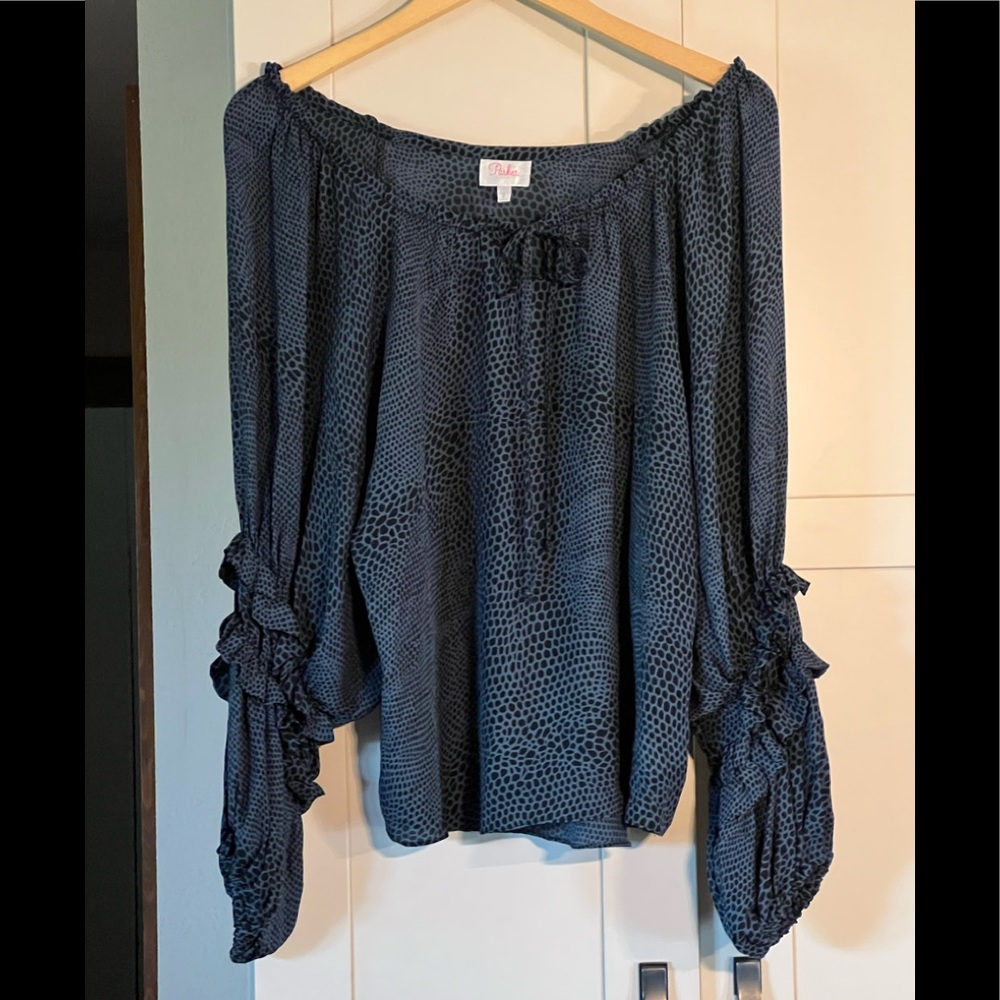 Parker 100% silk off the shoulder top with ruffles on sleeves, size S